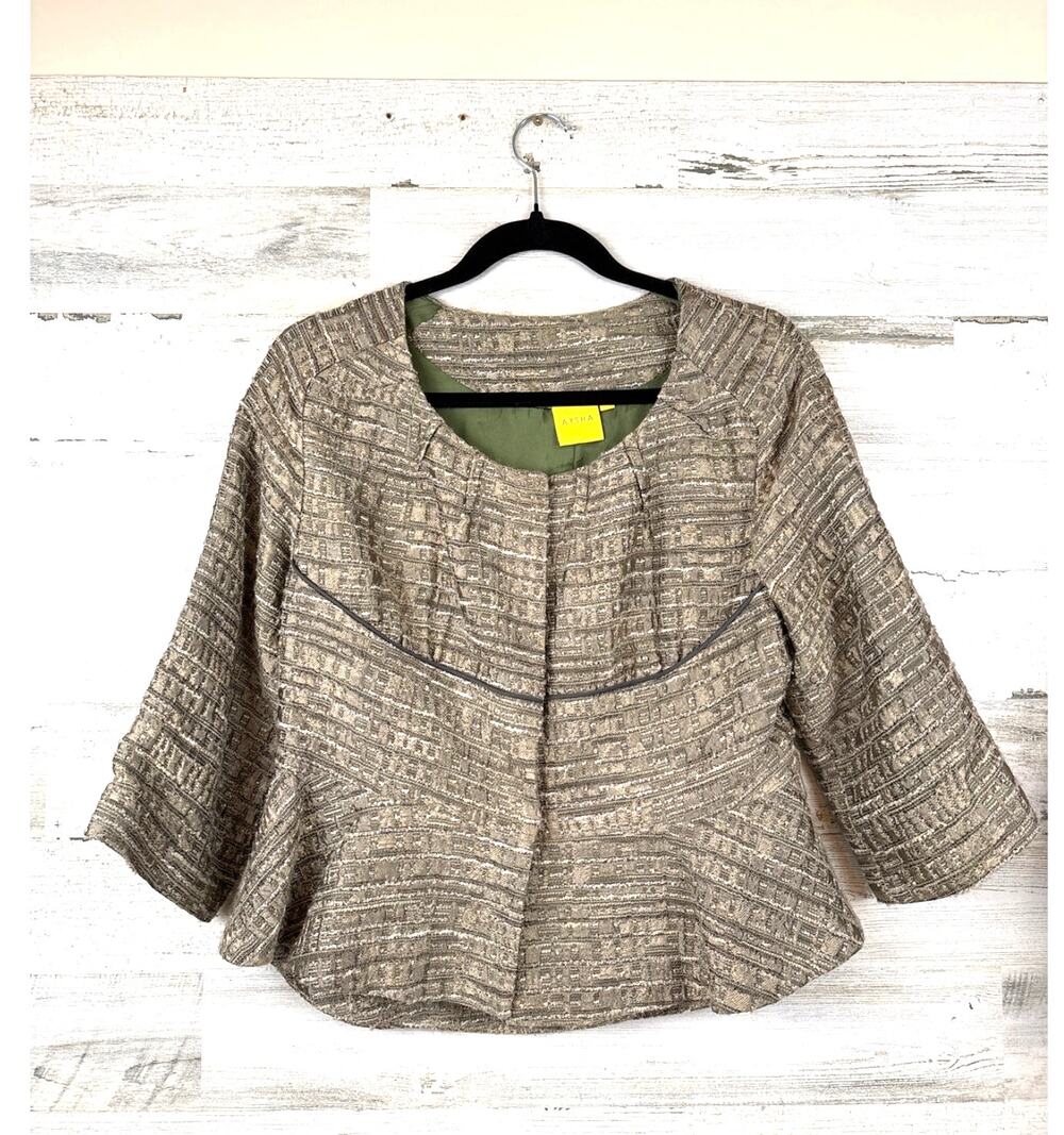 Aysha Womens 10 Bronze Wool Snap Button Peplum Blazer Jacket 3/4 Sleeve Work